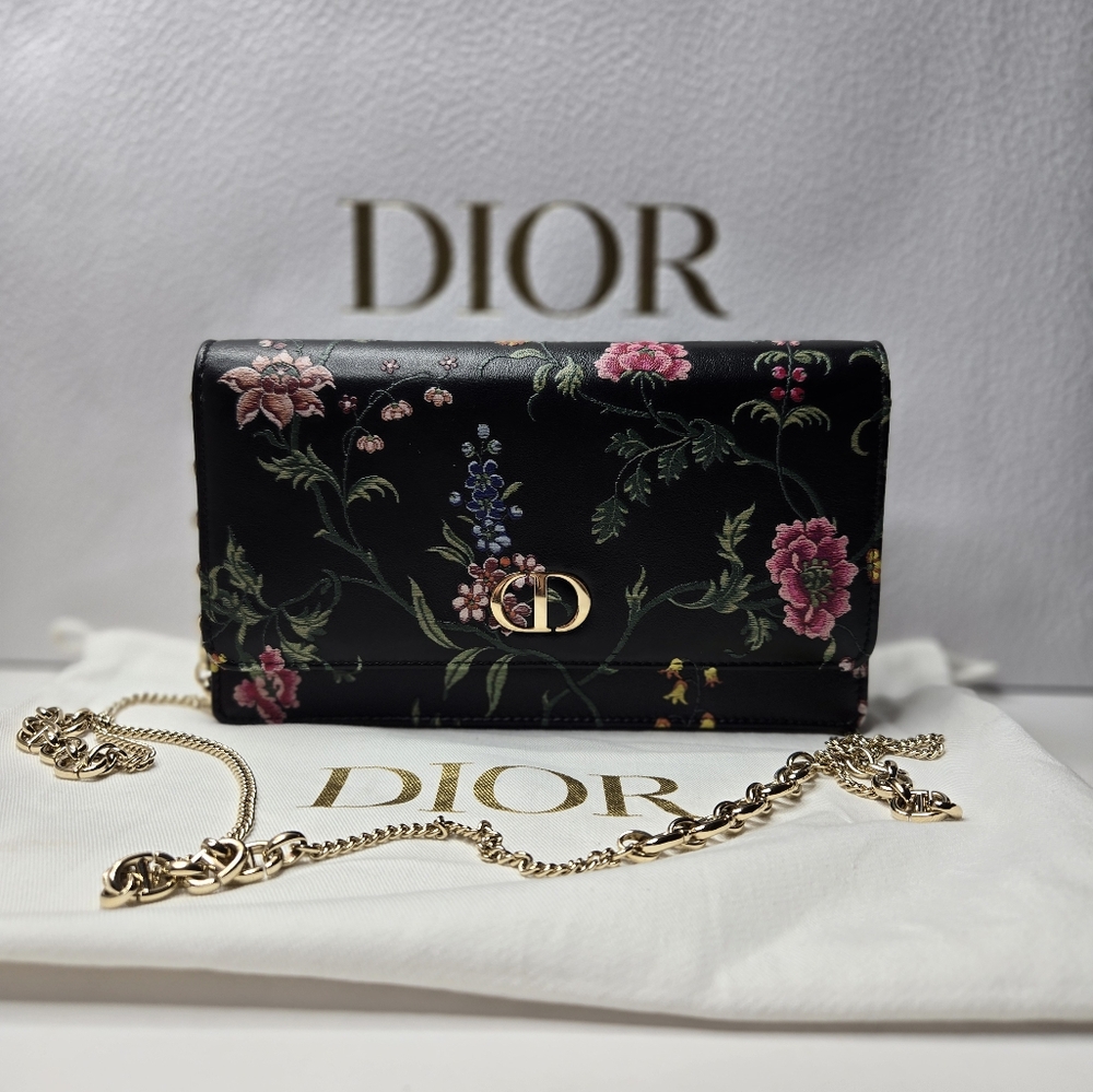 Authentic Black Floral Dior Pouch Wallet On A Chain